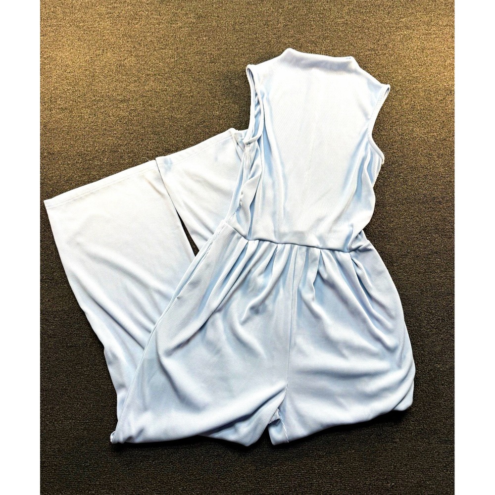 PrettyGarden Light Blue Ribbed Pant Romper Mock Neck Ruffle Stretch S